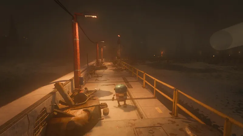 Scrappy on the lamp-lit breakwater, lamps fading into the smog.