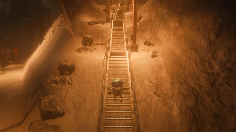 Climbing a long stair up a rock face.