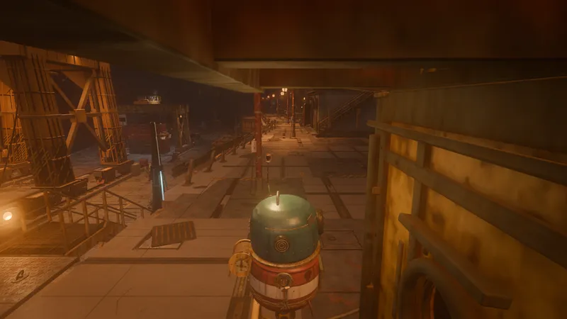 Scrappy under a dock gantry lit by sodium lamps in thick smog.