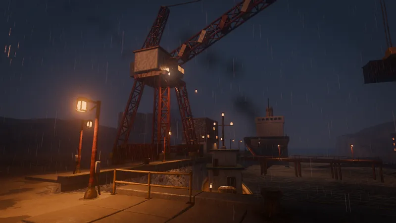 The great crane on the quay at night.