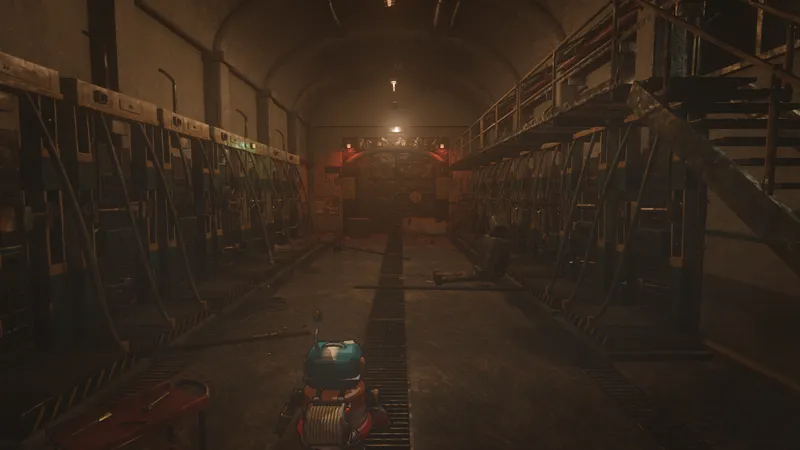The charging hall, two rows of empty cradles running toward a red-lit door.