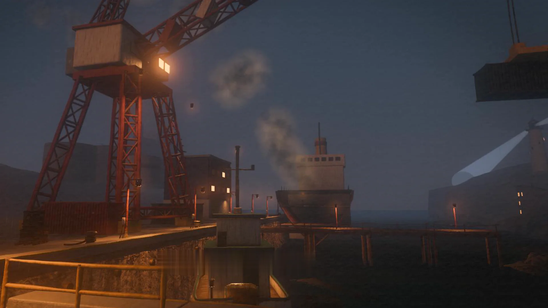 Harbour cranes in the smog, seen from the bunker exit.