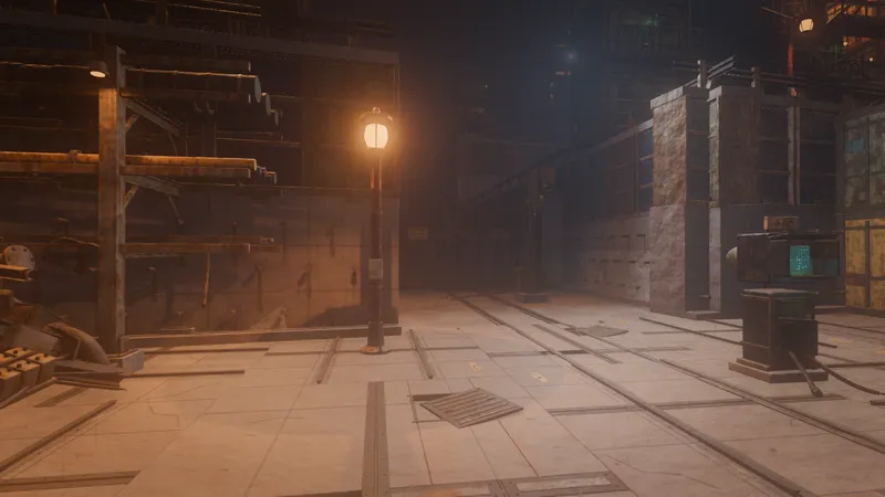 A single street lamp lighting a cracked concrete cutting between machine walls.
