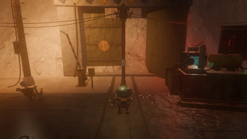 The bunker door glowing warm in the rock, Scrappy in front of it.