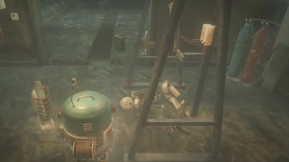 Scrappy in the bunker beside a fallen worker robot.