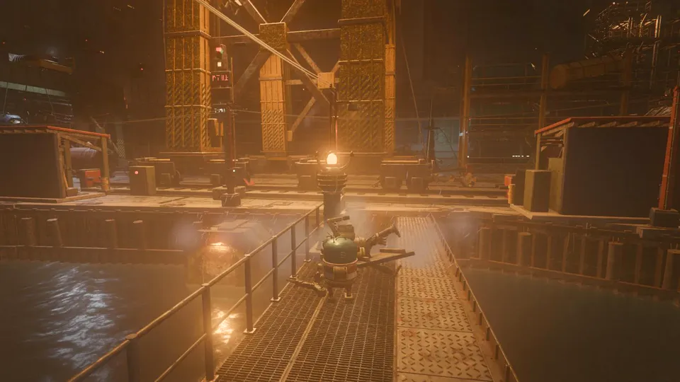 Scrappy on a pier above dark water, lamps along the rail.