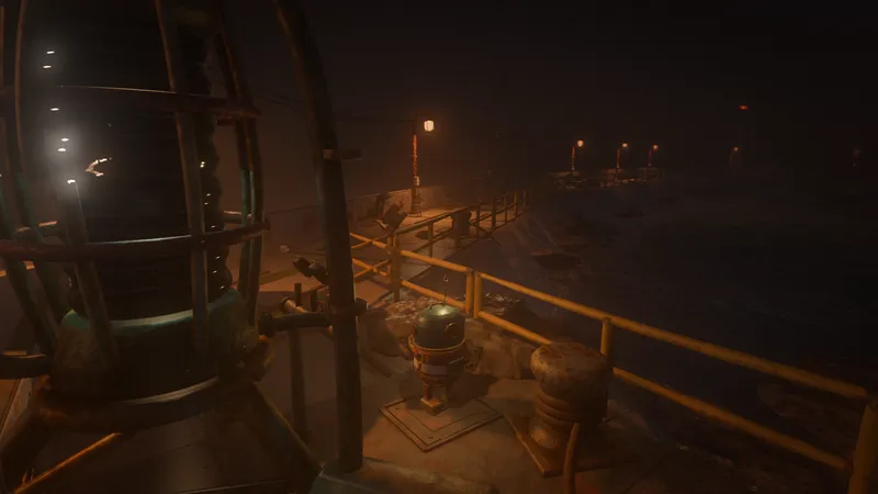 A caged lamp on the breakwater, Scrappy beside it, a row of lights fading into the smog.