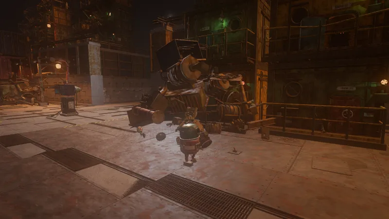 Scrappy facing a heap of tangled machinery under green work lights.