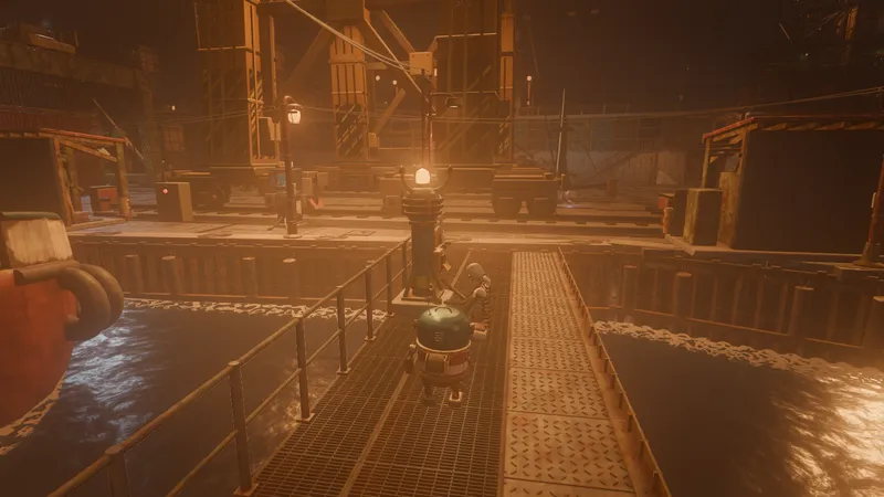 A lamp-lit dock yard of cranes and salvage, Scrappy on a catwalk over the water.