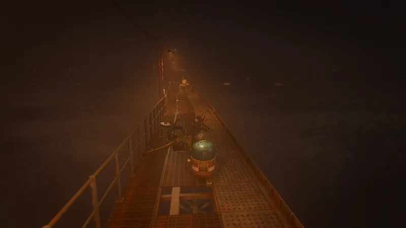 An amber pier running out into haze.
