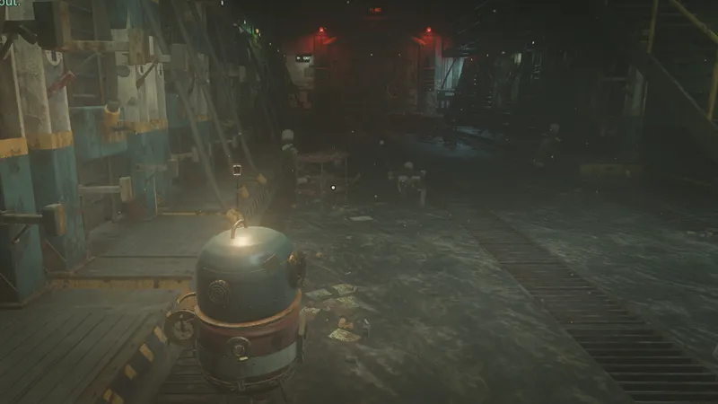 Scrappy in a teal machine hall under red lights.